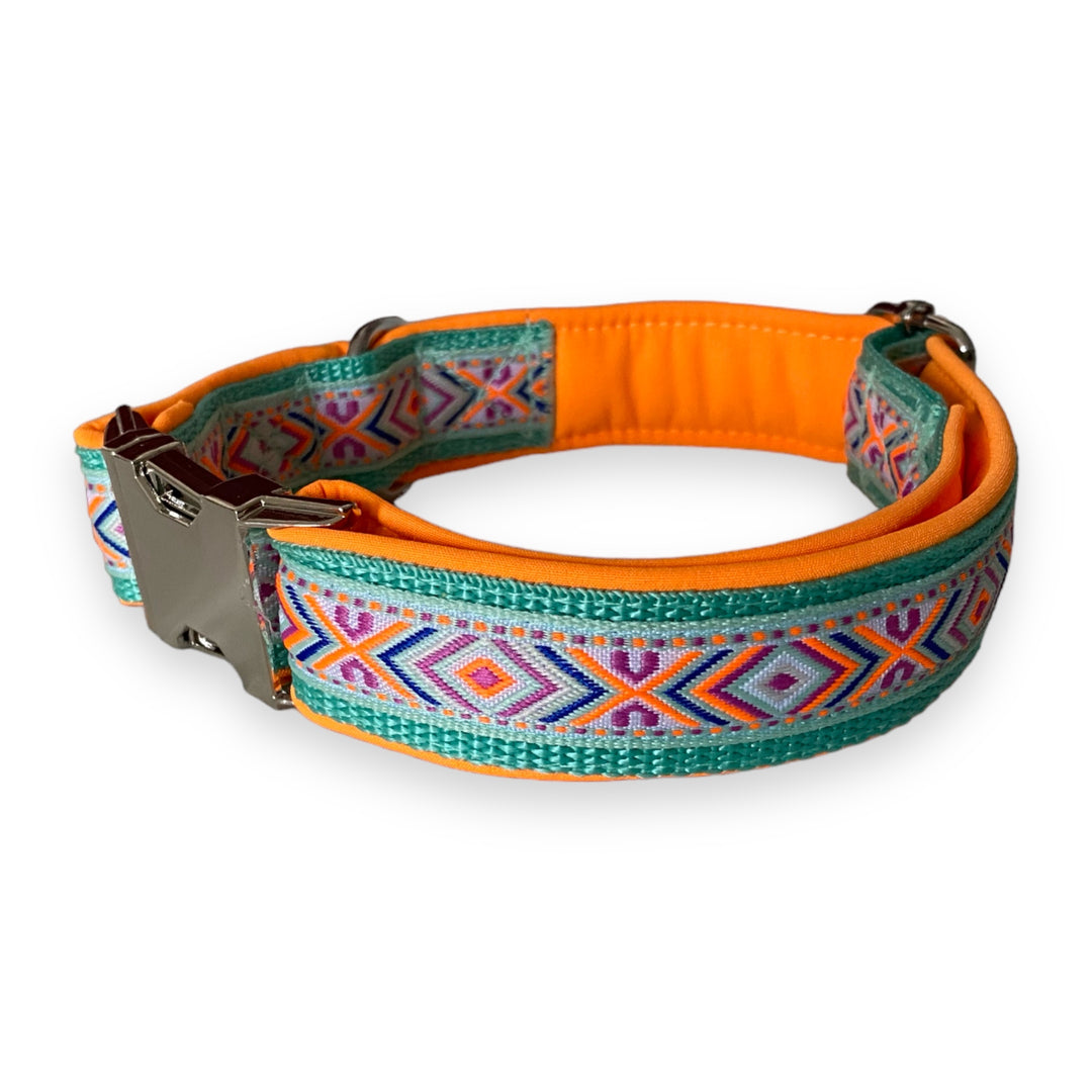 gepolstertes Hundehalsband eisblau-orange gemustert